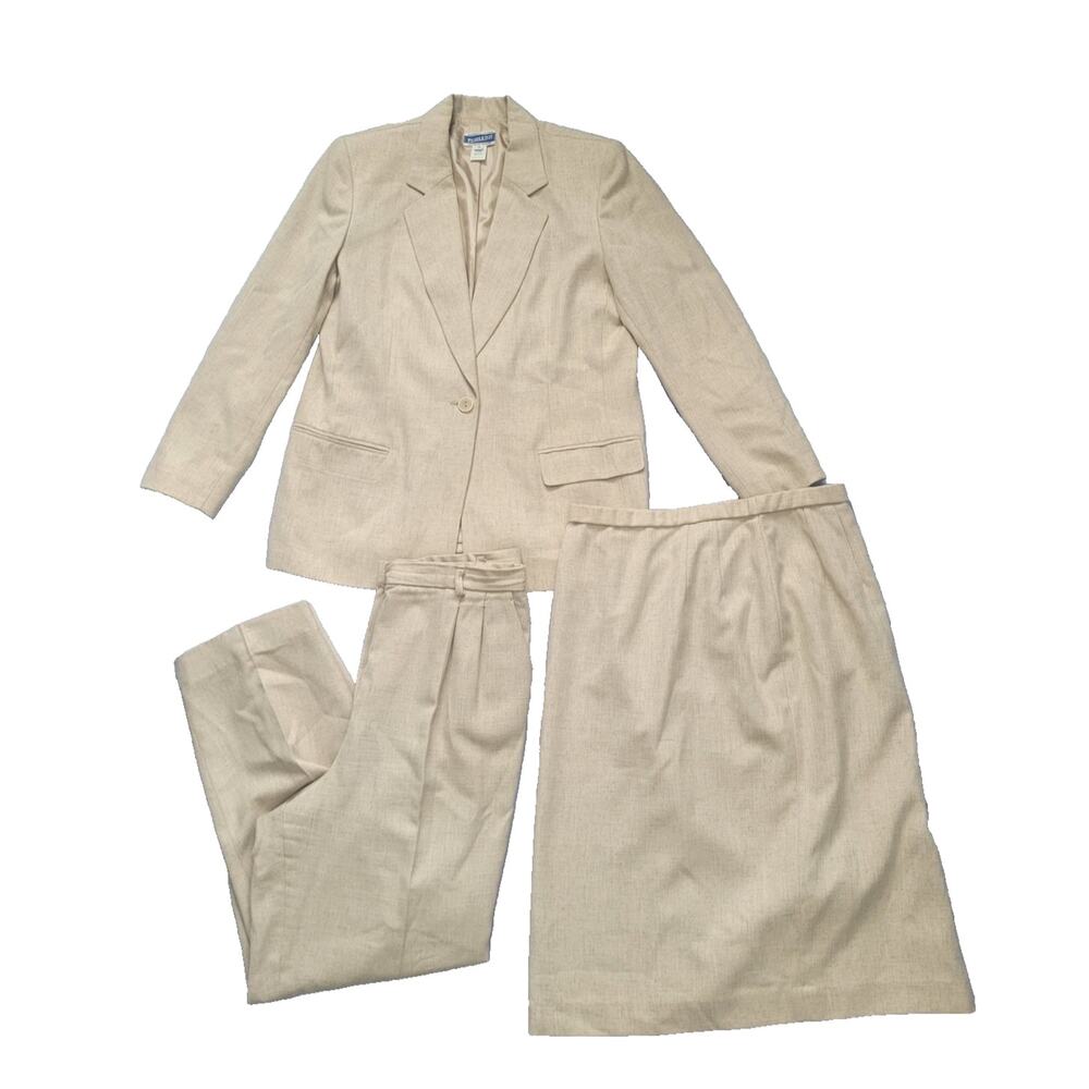 Vintage Pendleton Linen Blend 3 Pc Set Skirt Blazer Trouser Set Size 14 Wedding
